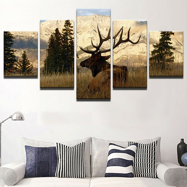 Male Deer Buck Mountain Forest Framed 5 Piece Canvas Wall Art Painting Wallpaper Poster Picture Print Photo Decor