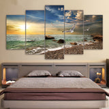 Beautiful Sunset Flying Bird On Rocky Sandy Beach Waves At Sunrise With Clouds Framed 5 Piece Canvas Wall Art - 5 Panel Canvas Wall Art - FabTastic.Co