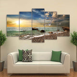 Beautiful Sunset Flying Bird On Rocky Sandy Beach Waves At Sunrise With Clouds Framed 5 Piece Canvas Wall Art - 5 Panel Canvas Wall Art - FabTastic.Co