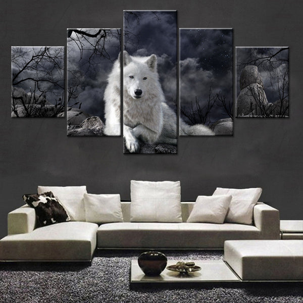 Black & White Wolf Animal Framed 5 Piece Canvas Wall Art - 5 Panel Canvas Wall Art - FabTastic.Co