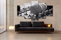 Microphone DJ Music Room Black & White Framed 5 Piece Canvas Wall Art - 5 Panel Canvas Wall Art - FabTastic.Co