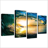 Ocean Wave Sunrise Sunset Surf Seascape Framed 4 Piece Canvas Wall Art Painting Wallpaper Poster Picture Print Photo Decor