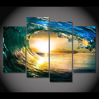 Ocean Wave Sunrise Sunset Surf Seascape Framed 4 Piece Canvas Wall Art Painting Wallpaper Poster Picture Print Photo Decor
