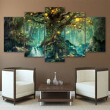 Paisaje de bosque de árboles encantados, lienzo enmarcado de 5 piezas, arte de pared 