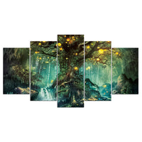 Paisaje de bosque de árboles encantados, lienzo enmarcado de 5 piezas, arte de pared 