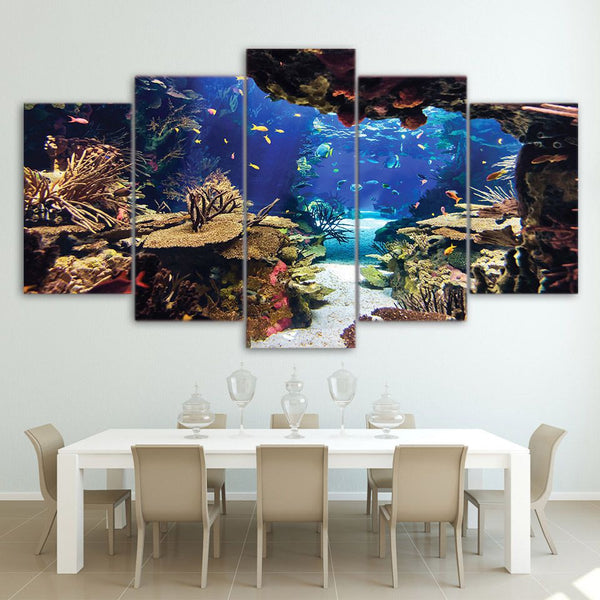 Sea World Under Ocean Water Fish & Coral Reefs Framed 5 Piece Canvas Wall Art - 5 Panel Canvas Wall Art - FabTastic.Co