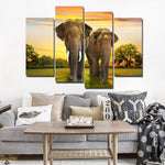 African Elephants In Nature Framed 4 Piece Canvas Wall Art Painting Wallpaper Poster Picture Print Photo Decor