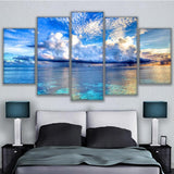 Seascape Ocean Sea & Blue Sky Clouds Framed 5 Piece Canvas Wall Art - 5 Panel Canvas Wall Art - FabTastic.Co