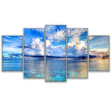 Seascape Ocean Sea & Blue Sky Clouds Framed 5 Piece Canvas Wall Art - 5 Panel Canvas Wall Art - FabTastic.Co