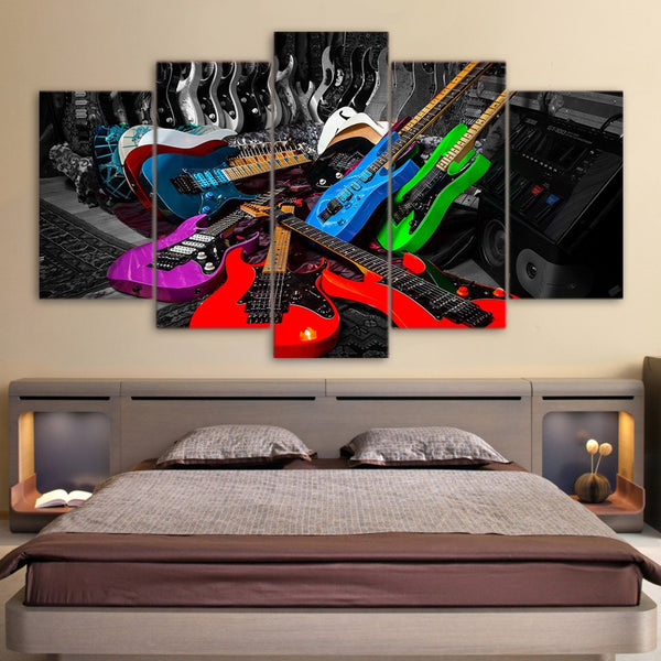 Colorful Rock Music Band Electric Guitar Musician Framed 5 Piece Canvas Wall Art Painting Wallpaper Poster Picture Print Photo Decor