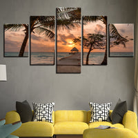 Tropical Palm Tree Ocean Sunset Cloud Sunrise Seascape Framed 5 Piece Canvas Wall Art - 5 Panel Canvas Wall Art - FabTastic.Co