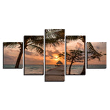 Tropical Palm Tree Ocean Sunset Cloud Sunrise Seascape Framed 5 Piece Canvas Wall Art - 5 Panel Canvas Wall Art - FabTastic.Co