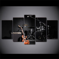 Electric Guitar Mic Amp & Drums Musician Band Framed 5 Piece Music Canvas Wall Art Painting Wallpaper Poster Picture Print Photo Decor