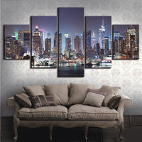 New York City NYC Night Skyline Framed 5 Piece Canvas Wall Art Painting Wallpaper Poster Picture Print Photo Decor