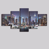 New York City NYC Night Skyline Framed 5 Piece Canvas Wall Art Painting Wallpaper Poster Picture Print Photo Decor
