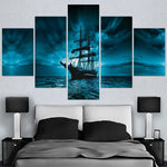 Pirate Ship On Dark Water Open Ocean Seas Framed 5 Piece Panel Canvas Wall Art Print - 5 Panel Canvas Wall Art - FabTastic.Co