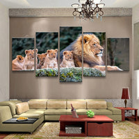 Lion & Cubs Animal Framed 5 Piece Canvas Wall Art - 5 Panel Canvas Wall Art - FabTastic.Co