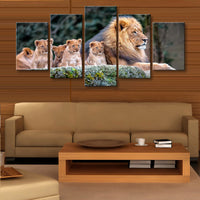 Lion & Cubs Animal Framed 5 Piece Canvas Wall Art - 5 Panel Canvas Wall Art - FabTastic.Co