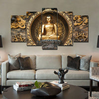 Golden Buddha Statue Framed 5 Piece Canvas Wall Art