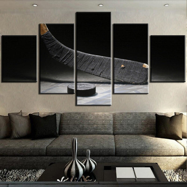 Palo de Hockey sobre hielo y disco deportivo enmarcado, lienzo de 5 piezas, arte de pared, pintura, papel tapiz, póster, imagen impresa, decoración fotográfica 