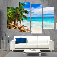Tropical Palm Tree Ocean Sandy Beach Seascape Framed 4 Piece Canvas Wall Art Painting Wallpaper Poster Picture Print Photo Decor