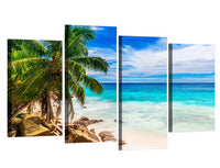 Tropical Palm Tree Ocean Sandy Beach Seascape Framed 4 Piece Canvas Wall Art Painting Wallpaper Poster Picture Print Photo Decor