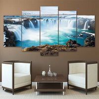 Beautiful Rocky Iceland Godafoss Waterfall Framed 5 Piece Canvas Wall Art - 5 Panel Canvas Wall Art - FabTastic.Co