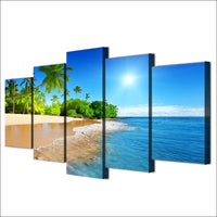 Beautiful Tropical Ocean Beach Palm Trees Framed 5 Piece Canvas Wall Art - 5 Panel Canvas Wall Art - FabTastic.Co
