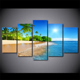 Beautiful Tropical Ocean Beach Palm Trees Framed 5 Piece Canvas Wall Art - 5 Panel Canvas Wall Art - FabTastic.Co