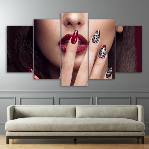 Sexy Woman Lips & Nails Framed 5 Piece Canvas Wall Art - 5 Panel Canvas Wall Art - FabTastic.Co