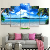 Tropical Palm Trees Blue Sky White Cloud Ocean Island Beach Seascape Framed 5 Piece Canvas Wall Art - 5 Panel Canvas Wall Art - FabTastic.Co