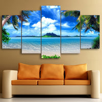 Tropical Palm Trees Blue Sky White Cloud Ocean Island Beach Seascape Framed 5 Piece Canvas Wall Art - 5 Panel Canvas Wall Art - FabTastic.Co