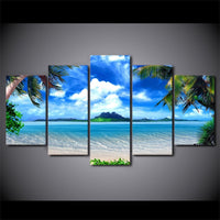 Tropical Palm Trees Blue Sky White Cloud Ocean Island Beach Seascape Framed 5 Piece Canvas Wall Art - 5 Panel Canvas Wall Art - FabTastic.Co