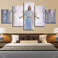 Jesus Christ In Cloud With Angels & Wings Christian Framed 5 Piece Canvas Wall Art - 5 Panel Canvas Wall Art - FabTastic.Co
