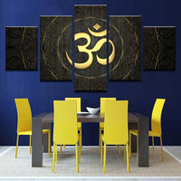 Buddha OM Yoga Namaste Golden Symbol Framed 5 Piece Canvas Wall Art - 5 Panel Canvas Wall Art - FabTastic.Co