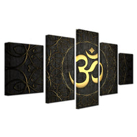 Buddha OM Yoga Namaste Golden Symbol Framed 5 Piece Canvas Wall Art - 5 Panel Canvas Wall Art - FabTastic.Co