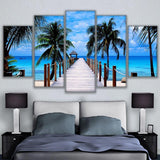 Beautiful Bali Ocean Sea Blue Tropical Palm Tree Beach & Clouds Framed 5 Piece Panel Canvas Wall Art Print