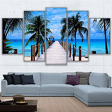 Beautiful Bali Ocean Sea Blue Tropical Palm Tree Beach & Clouds Framed 5 Piece Panel Canvas Wall Art Print
