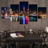 Hermosas luces nocturnas de la ciudad de Nueva York, Skyline America, EE. UU., panel enmarcado de 5 piezas, lienzo, impresión artística para pared 