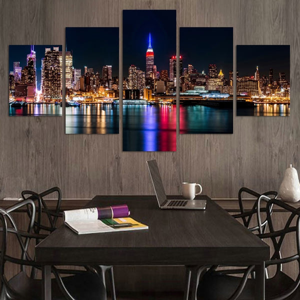 Beautiful NYC New York City Night Lights Skyline America USA Framed 5 Piece Panel Canvas Wall Art Print