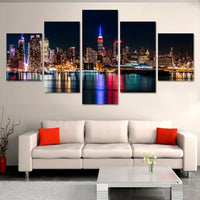 Hermosas luces nocturnas de la ciudad de Nueva York, Skyline America, EE. UU., panel enmarcado de 5 piezas, lienzo, impresión artística para pared 