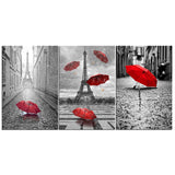Black & White Red Umbrella Romantic Paris France Eiffel Tower Framed 3 Piece Canvas Wall Art Painting Wallpaper Poster Picture Print Photo Decor