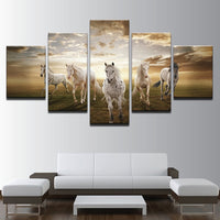 Running Steed Horses With Clouds & Sun Framed 5 Piece Canvas Wall Art - 5 Panel Canvas Wall Art - FabTastic.Co