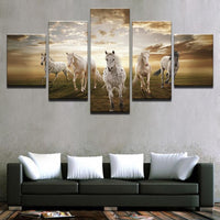 Running Steed Horses With Clouds & Sun Framed 5 Piece Canvas Wall Art - 5 Panel Canvas Wall Art - FabTastic.Co