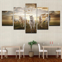 Running Steed Horses With Clouds & Sun Framed 5 Piece Canvas Wall Art - 5 Panel Canvas Wall Art - FabTastic.Co