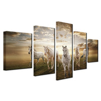 Running Steed Horses With Clouds & Sun Framed 5 Piece Canvas Wall Art - 5 Panel Canvas Wall Art - FabTastic.Co