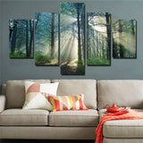 Beautiful Sunrise Sun Rays In Tree Forest Framed 5 Piece Canvas Wall Art - 5 Panel Canvas Wall Art - FabTastic.Co