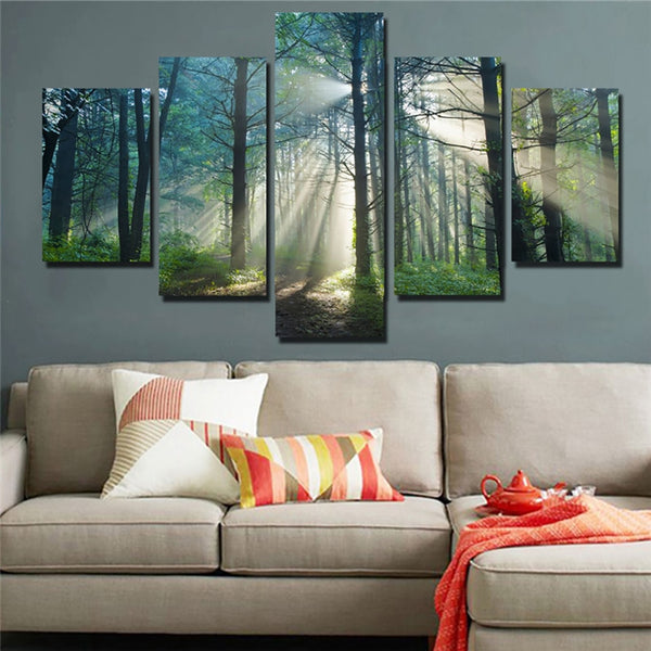 Beautiful Sunrise Sun Rays In Tree Forest Framed 5 Piece Canvas Wall Art - 5 Panel Canvas Wall Art - FabTastic.Co