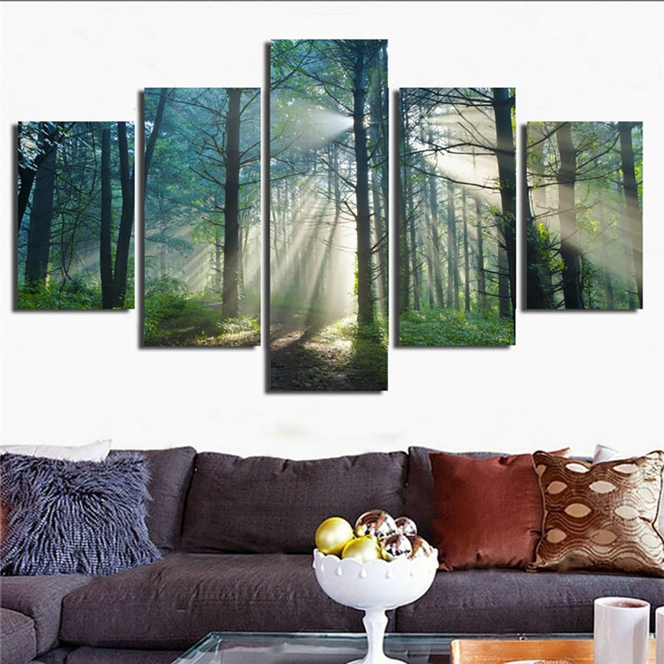 Beautiful Sunrise Sun Rays In Tree Forest Framed 5 Piece Canvas Wall A ...