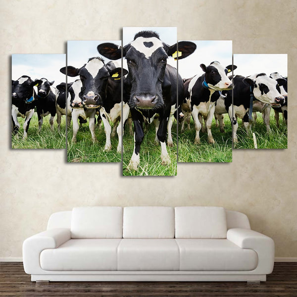 Milk Cows Herd On Farm Grass Pasture Framed 5 Piece Panel Canvas Wall Art Print - 5 Panel Canvas Wall Art - FabTastic.Co